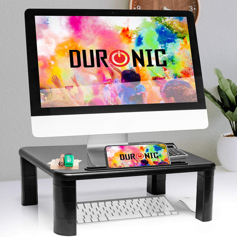Duronic Monitor Stand Riser with a smartphone slot, holding an iMac on a desk.