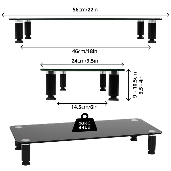 Duronic Monitor Stand Riser with adjustable legs, 56cm length, and 20kg weight capacity.