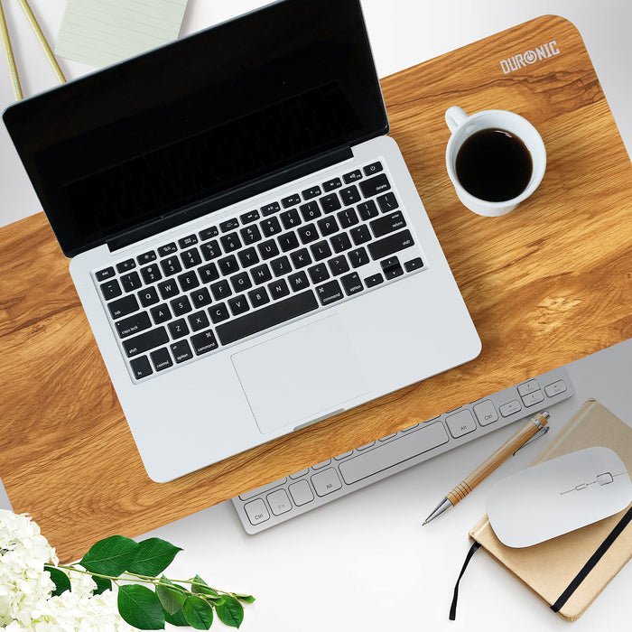 Duronic Monitor Stand Riser with coffee cup, keyboard, mouse, and notebook on desk.