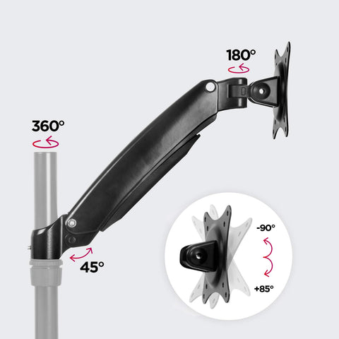 Duronic Monitor Stand Spare Arm showing 360-degree swivel, 180-degree rotation, and tilt range features.