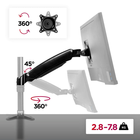 Duronic Monitor Stand Spare Arm with 360-degree rotation, 45-degree tilt, and 2.8 to 7.8kg capacity.