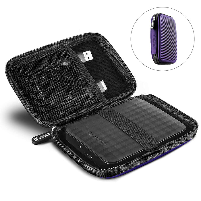 Duronic Portable Hard Drive Case containing a black portable external hard drive secured by an elastic strap and a USB cable stored in a mesh pocket.