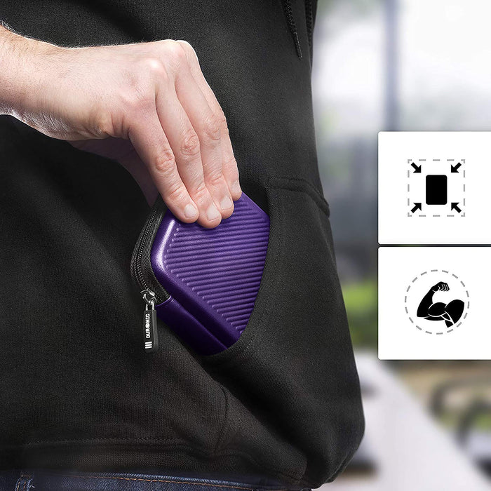 Duronic Portable Hard Drive Case into a black hoodie pocket, highlighting its portable and protective design.