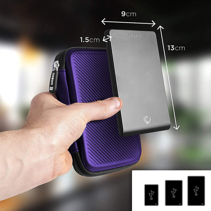 Duronic Portable Hard Drive Case next to a grey external hard drive with dimensions of 13cm by 9cm by 1.5cm shown.