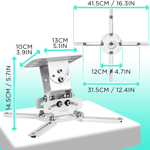 Duronic Projector Mount Stand showing detailed dimensions, tilt mechanism, and adjustable spider mounting arms.