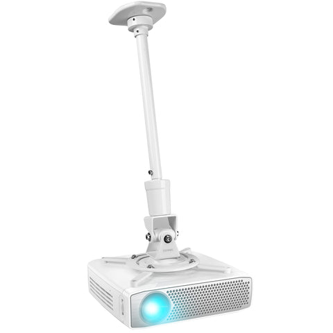 Duronic Projector Mount holding an adjustable rod attached to a modern white projector glowing blue.