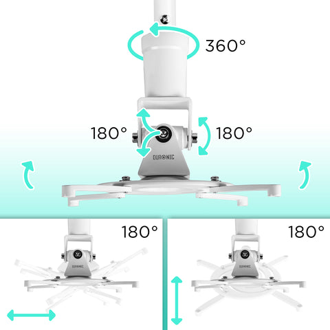 Duronic Projector Mount showing 360-degree rotation and 180-degree multi-directional tilt adjustments.