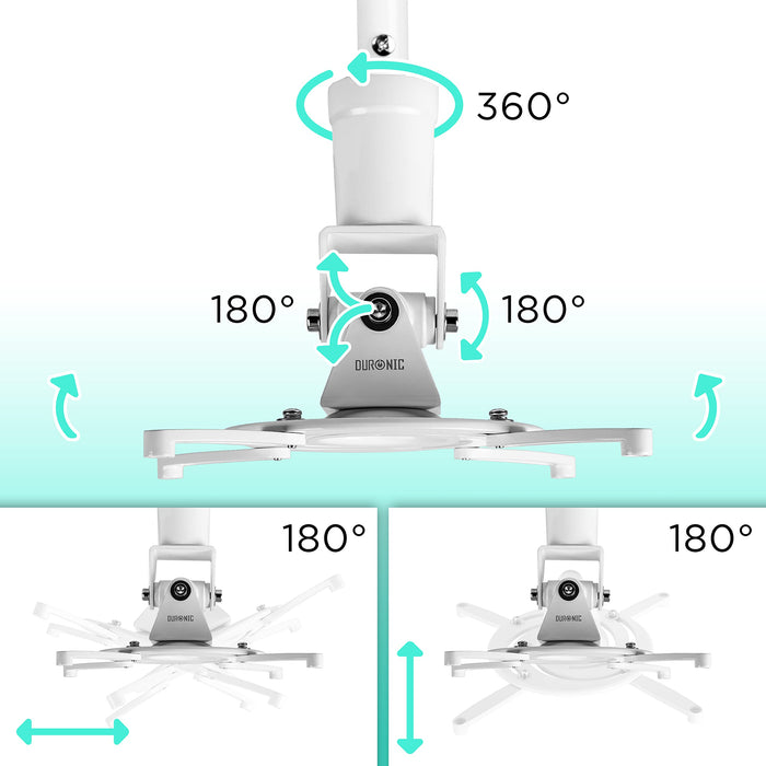 Duronic Projector Mount showing 360-degree rotation and 180-degree multi-directional tilt adjustments.