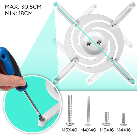 Duronic Projector Mount with adjustable arms, showing a screwdriver tightening a screw and hardware options.