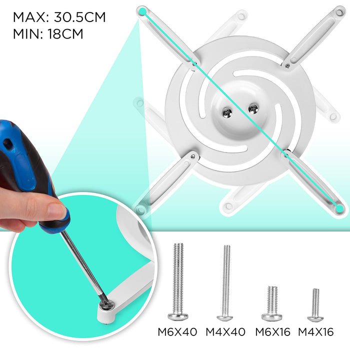Duronic Projector Mount with adjustable arms, showing a screwdriver tightening a screw and hardware options.