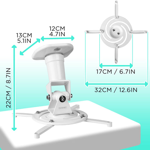 Duronic Projector Mount with dimensional arrows showing height, width, and adjustable arm spans.