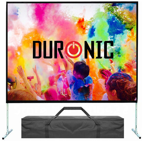 Duronic Projector Screen Fast Fold on a metal stand displaying a vibrant, multicolored crowd scene, shown with its black carry case.