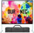 Duronic Projector Screen Fast Fold on a metal stand displaying a vibrant, multicolored crowd scene, shown with its black carry case.