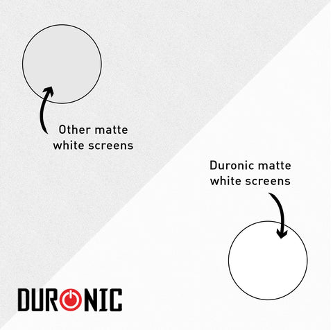 Duronic Projector Screen Fast Fold showing the brighter, whiter texture of a Duronic matte white projector screen versus the duller, greyish appearance of other standard matte white screens.