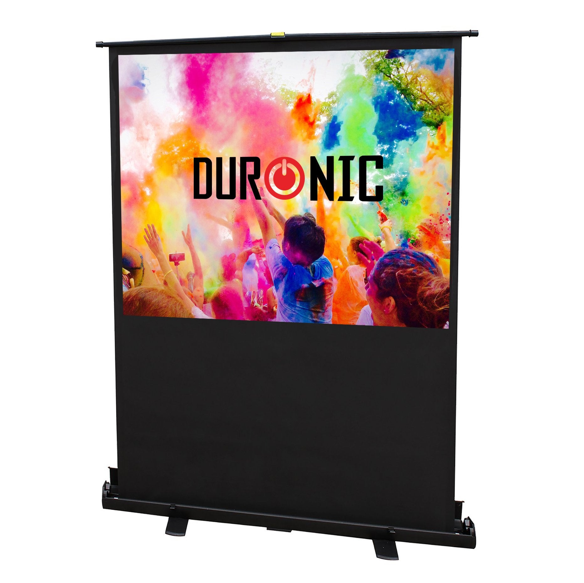 Duronic Projector Screen displaying a colorful, vibrant crowd scene on a black base.