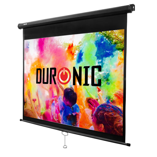 Duronic Projector Screen displaying a vibrant, colorful crowd scene with prominent brand logo.