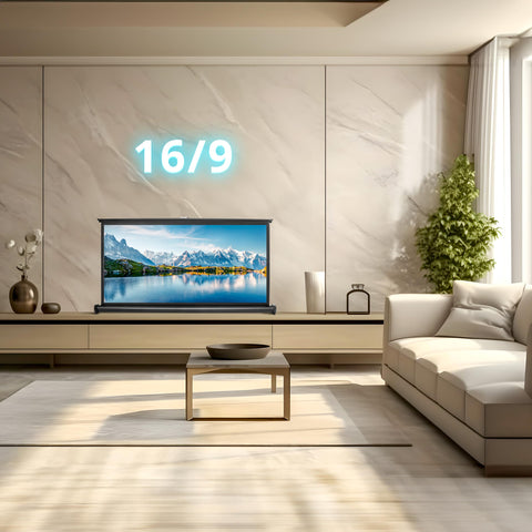 Duronic Projector Screen displays a vibrant mountain landscape on a sleek console in a modern, sunlit living room.