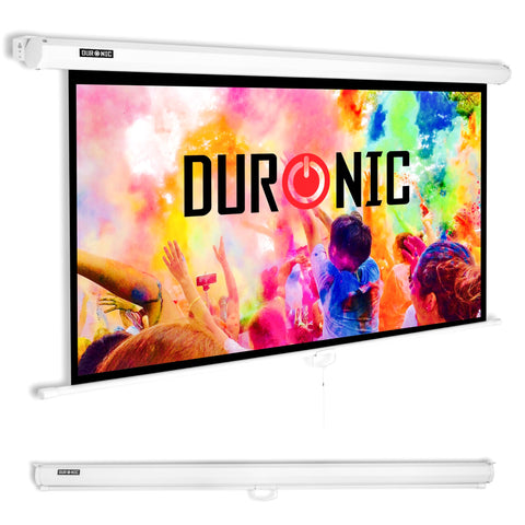 Duronic Projector Screen featuring a colorful display, wall-mountable design, and retractable casing.