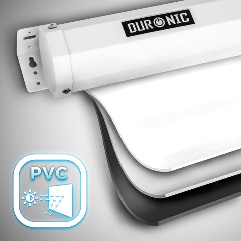 Duronic Projector Screen featuring a multi-layered PVC material design with a black light-blocking backing for enhanced image quality.