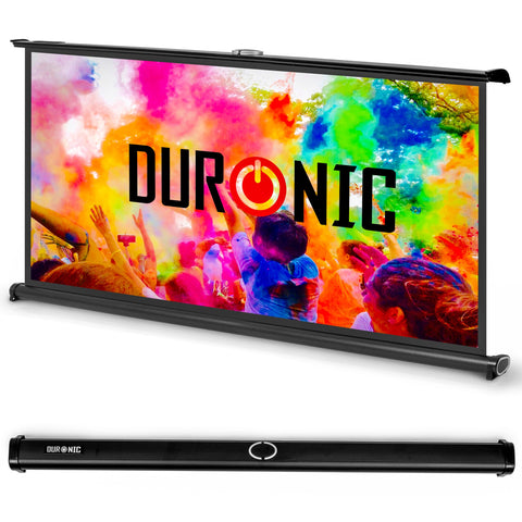 Duronic Projector Screen is shown both fully expanded with a vibrant, colorful image and retracted into its compact black carrying case.