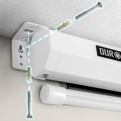 Duronic Projector Screen mounting bracket diagram showing wall and ceiling installation with screws and plastic anchors.