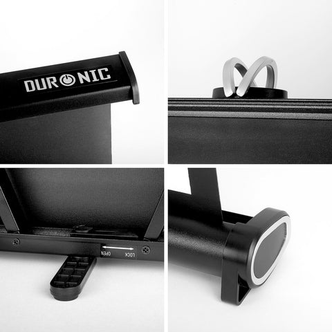 Duronic Projector Screen showcase of a black Duronic portable projector screen highlighting its hardware and base.
