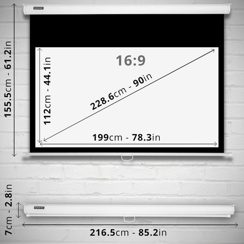 Duronic Projector Screen showing a 16:9 aspect ratio, overall unit width of 216.5cm, and total extended height of 155.5cm.