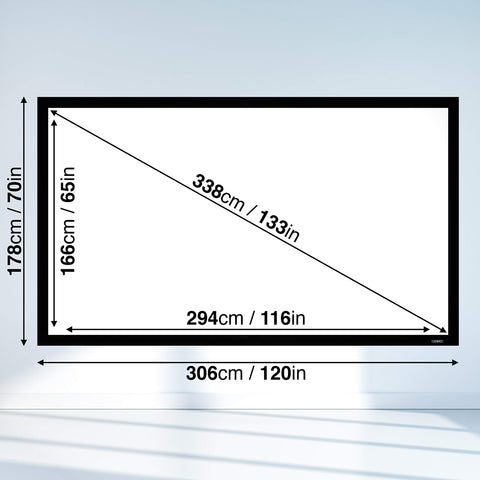 Duronic Projector Screen showing frame size (178x306cm) and viewable screen area (166x294cm) with diagonal.