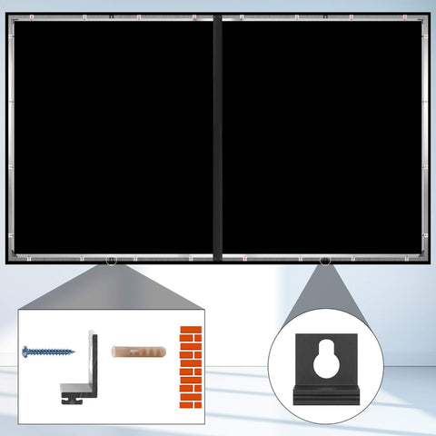 Duronic Projector Screen showing installation bracket and wall plug anchor setup for a dual-panel frame.