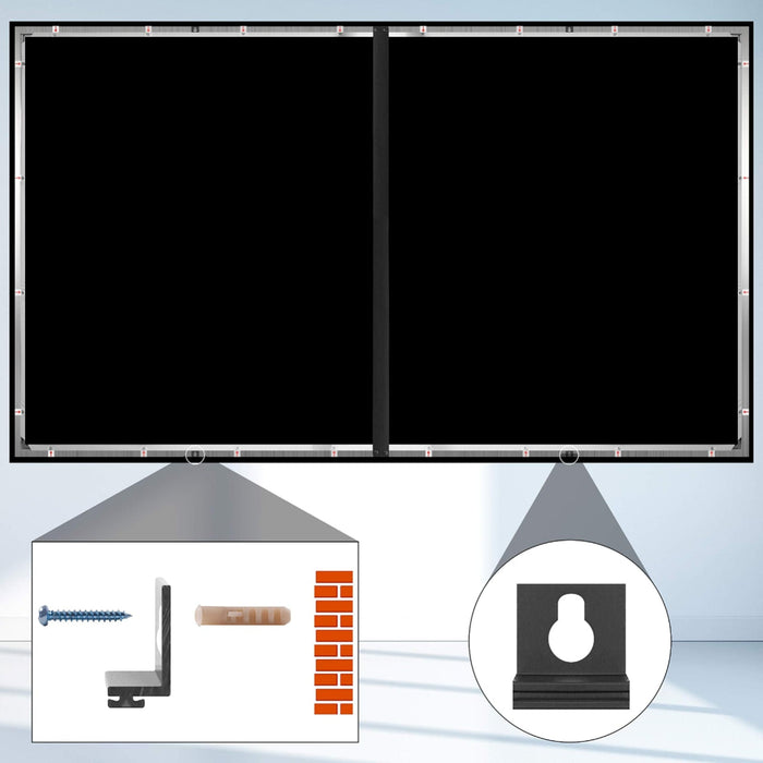 Duronic Projector Screen showing installation bracket and wall plug anchor setup for a dual-panel frame.
