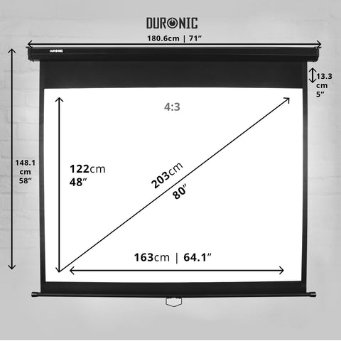 Duronic Projector Screen showing its exact width, height, and diagonal dimensions.
