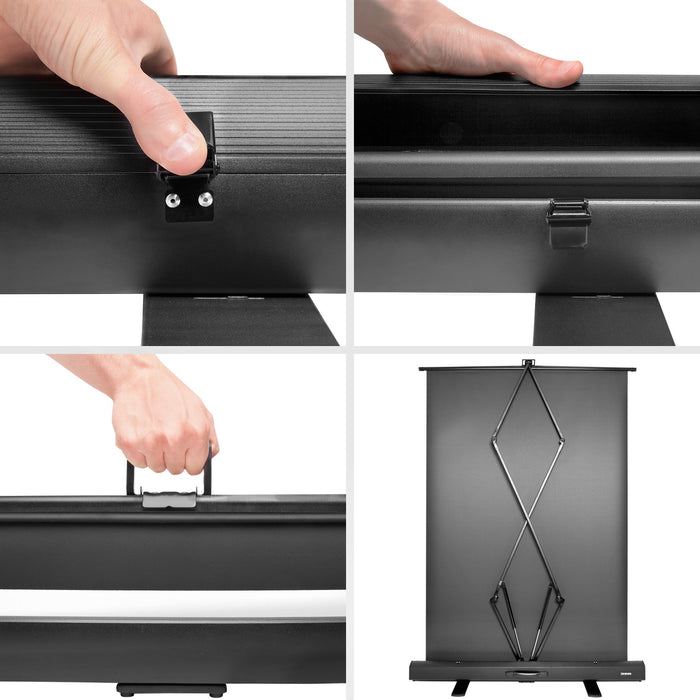 Duronic Projector Screen showing the latches, carrying handle, and back support of a projector screen.