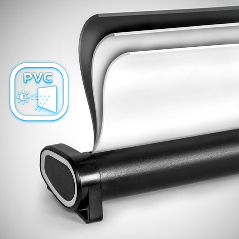 Duronic Projector Screen showing the multi-layered PVC construction of a high-quality projector screen, highlighting its light-blocking properties and durable rolling mechanism.