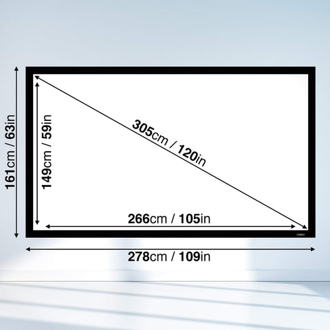Duronic Projector Screen showing total frame width 278cm and height 161cm.