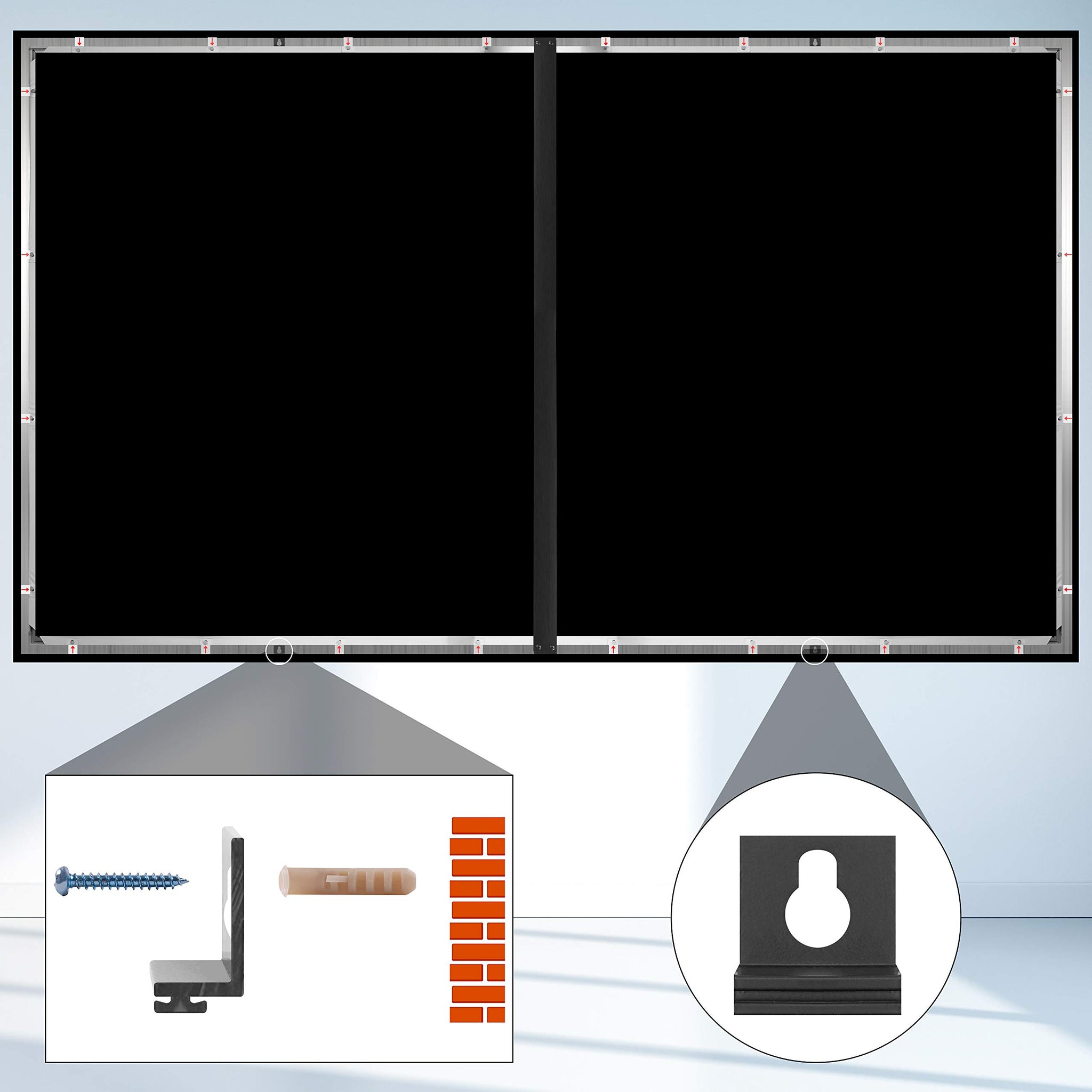 Duronic Projector Screen shown with wall mounting brackets, screws, wall anchors, and brick wall.