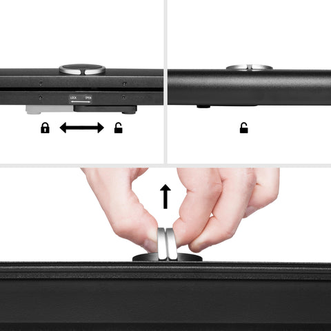 Duronic Projector Screen shows how to unlock a device by sliding a bottom latch and then pulling up on the silver top tabs.