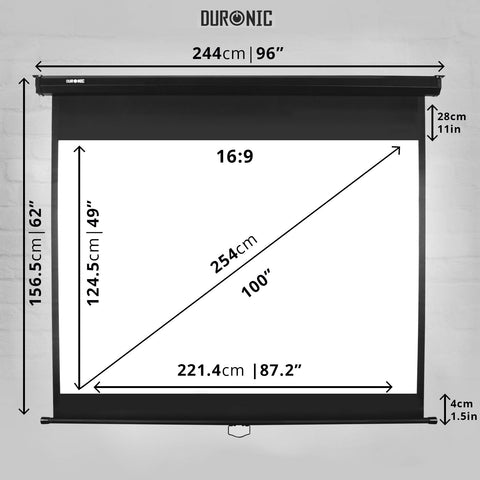 Duronic Projector Screen size and dimensions diagram showing width and height measurements.