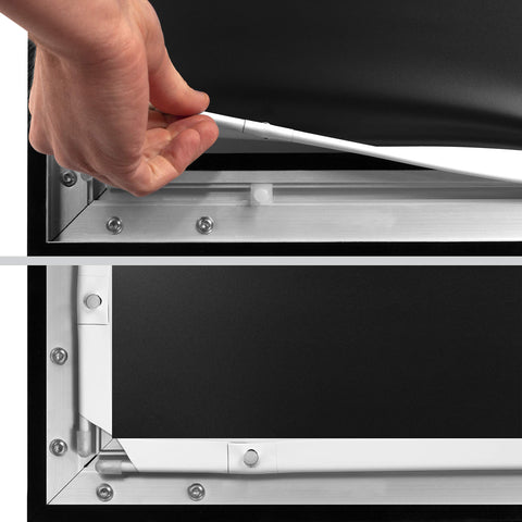 Duronic Projector Screen with Hand installing a projector screen by hooking its tension rods onto a metal frame.