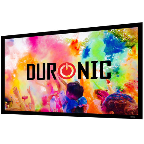 Duronic Projector Screen with a black frame displaying a vibrant, colorful crowd scene with text.