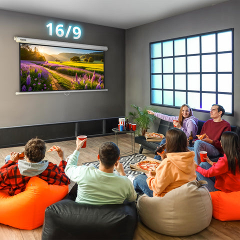 Duronic Projector Screen with a group of friends enjoys a movie night in a cozy living room