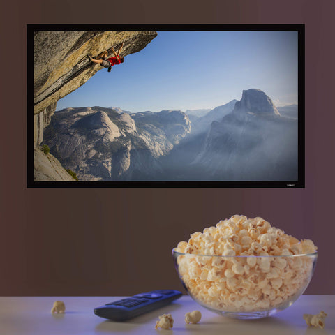 Duronic Projector Screen with a large bowl of popcorn and a remote control