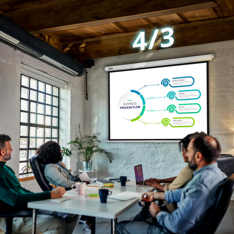 Duronic Projector Screen with a team of professionals conducts a meeting in a modern industrial office