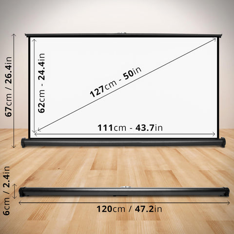 Duronic Projector Screen with detailed dimensions showing a 111cm width, 62cm viewing height, and a 120cm compact base for easy storage.