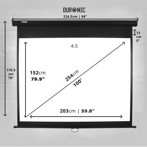 Duronic Projector Screen with dimension diagram in displaying a one hundred inch aspect ratio screen.