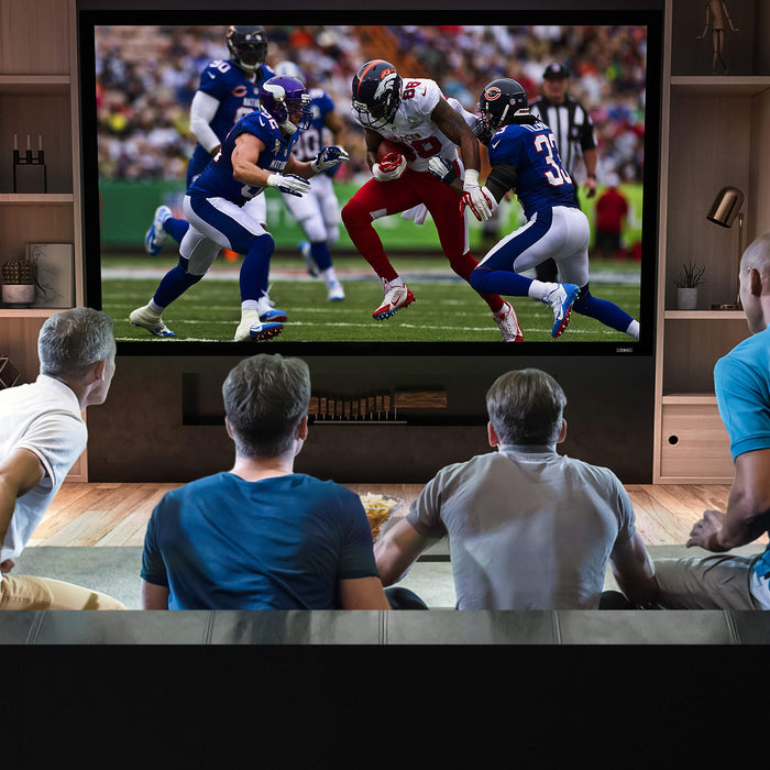 Duronic Projector Screen with four men sitting on a couch watching an American football