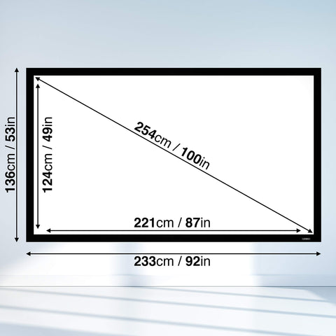 Duronic Projector Screen with frame and viewable area dimensions in centimeters and inches.