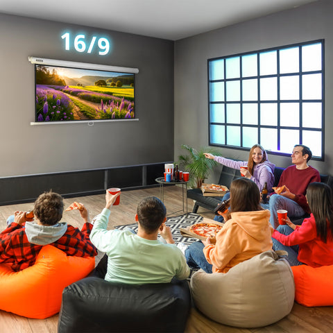 Duronic Projector Screen with friends enjoying pizza and drinks while watching