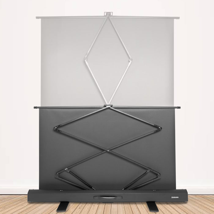 Duronic Projector Screen with scissor-back support frame, showing white upper and black lower sections.