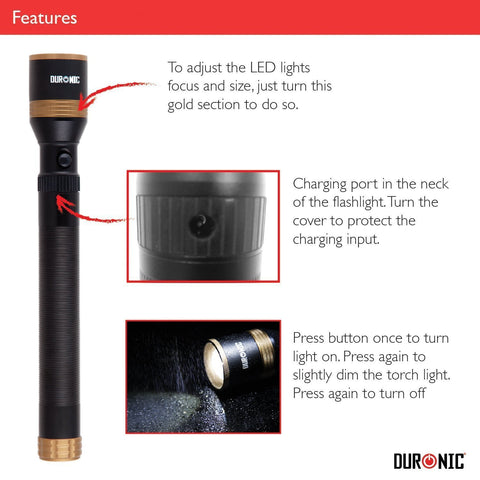 Duronic Rechargeable Torch Flashlight showing adjustable focus, protected charging port, and power button operation instructions.