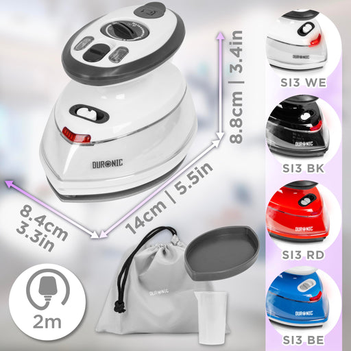 Duronic SI3 travel iron dimensions height, length, width, available in different variations under SI3 WE, SI3 BK, SI3 RD, SI3 BE